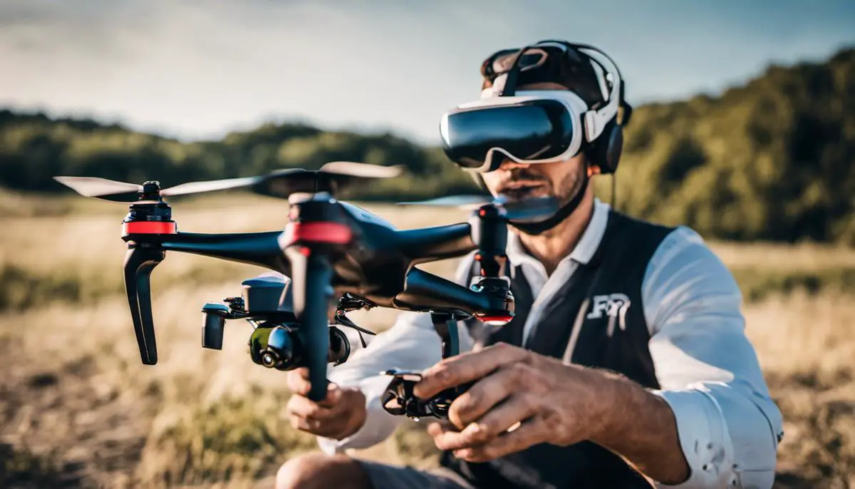 Image depicting a person wearing FPV goggles and piloting a drone, symbolizing the potential and evolution of FPV technology.