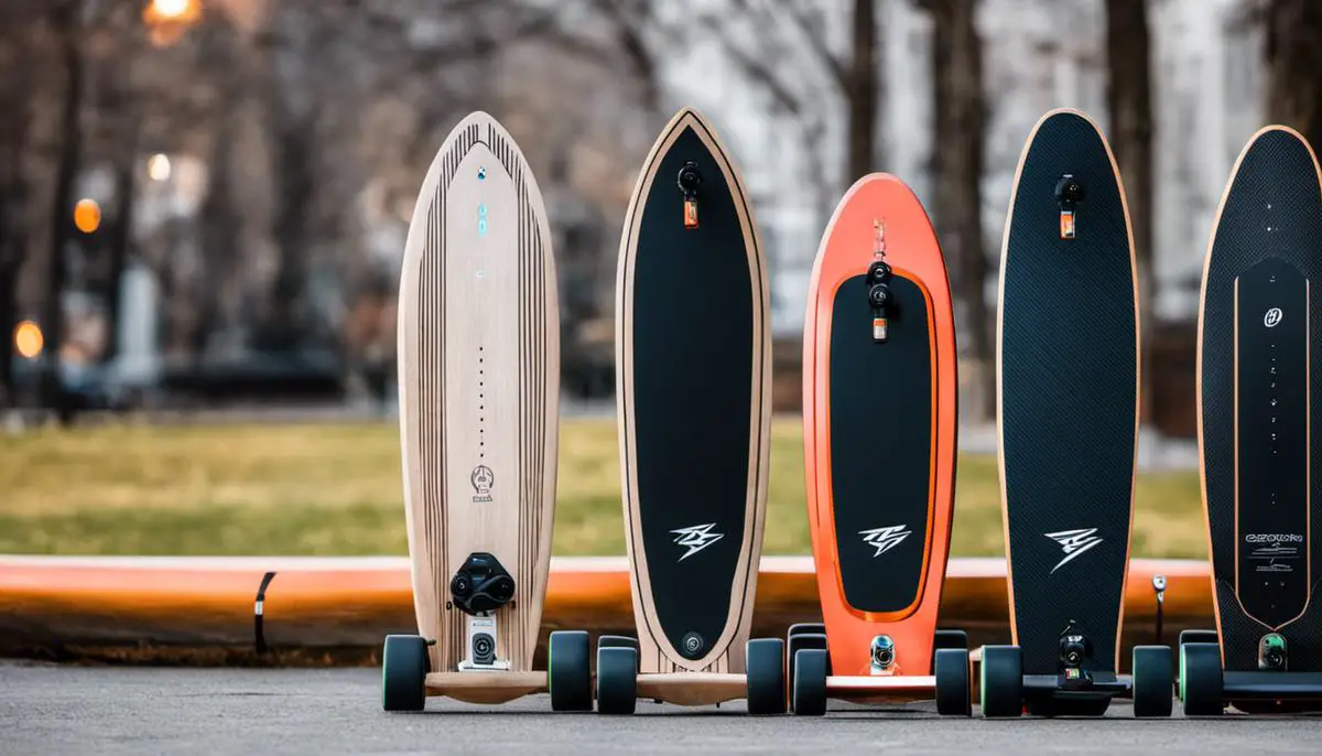 Various electric skateboards lined up in a row, showcasing their sleek designs and different features.