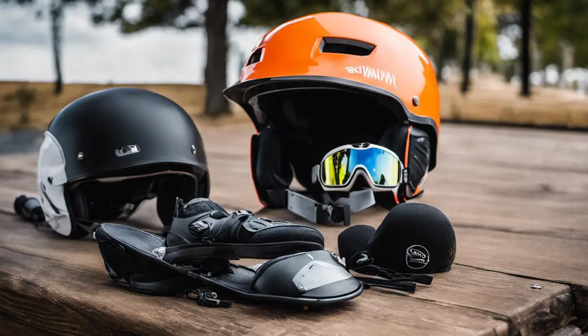 Various safety gear for electric skateboarding including helmets, pads, wrist guards, slide gloves, and high visibility gear.
