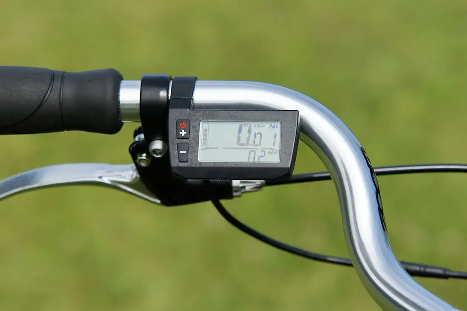 Image depicting an integrated e-bike display showing various metrics and controls for visually impaired individuals to understand the text better.