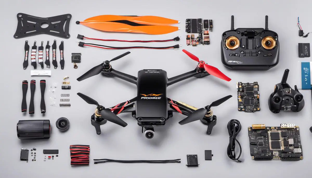 Image of components for FPV drone, including frame, motors, propellers, battery, and flight controller. This image showcases the various components discussed in the guide.