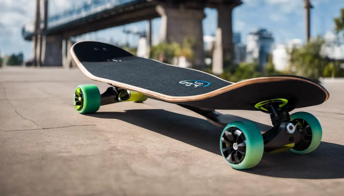 Illustration of an electric skateboard with essential features, showing gyroscopic sensors, fast charging capabilities, materials and design, IoT integration, all-terrain wheels, and LED lights.
