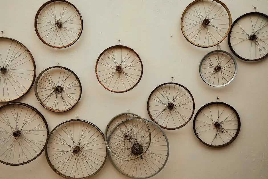 Image of various bicycle components, including gears, shocks, axles, and bolts