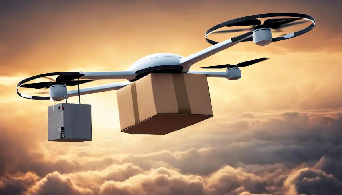 Illustration representing the concept of drone delivery with an unmanned aircraft carrying a package through the sky