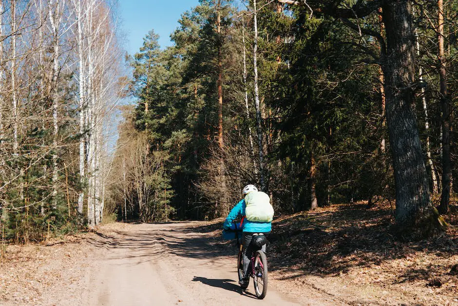 A person riding a bike in a snowy forest surrounded by tall trees.